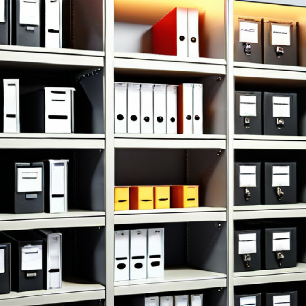 **Well-organized archive cabinet:** "A meticulously organized archive cabinet filled with files and folders, each clearly labeled. The setting is a brightly lit office. GDPR compliance and security ensured, no personal data visible."