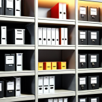 **Well-organized archive cabinet:** "A meticulously organized archive cabinet filled with files and folders, each clearly labeled. The setting is a brightly lit office. GDPR compliance and security ensured, no personal data visible."