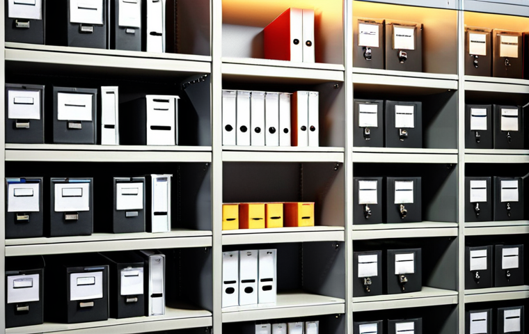 **Well-organized archive cabinet:** "A meticulously organized archive cabinet filled with files and folders, each clearly labeled. The setting is a brightly lit office. GDPR compliance and security ensured, no personal data visible."