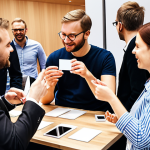 **Prompt:** A diverse group of Big Data professionals at a tech conference in Stockholm, Sweden, engaging in a lively discussion during a coffee break. Focus on the networking aspect, with people exchanging business cards and animatedly talking about data analytics and AI. The atmosphere is friendly and collaborative.