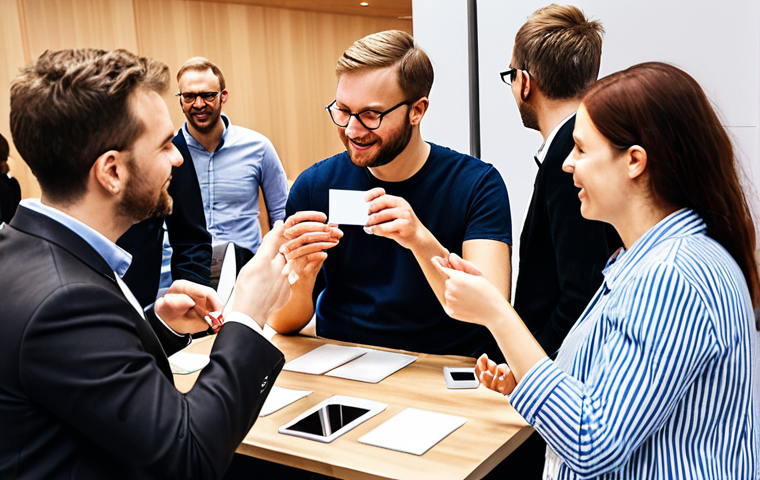 **Prompt:** A diverse group of Big Data professionals at a tech conference in Stockholm, Sweden, engaging in a lively discussion during a coffee break. Focus on the networking aspect, with people exchanging business cards and animatedly talking about data analytics and AI. The atmosphere is friendly and collaborative.