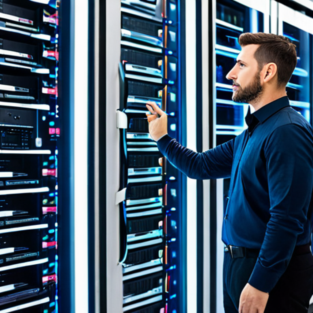 A focused male data engineer, mid-30s, wearing a modest business casual shirt and trousers, standing confidently in a bright, modern data center. He is looking at a large, transparent holographic display showing complex, interconnected data pipelines and automated workflows, symbolizing efficiency and problem-solving. The background features rows of sleek, humming server racks in soft, diffused light, conveying innovation and control over vast data. fully clothed, appropriate attire, professional dress, safe for work, appropriate content, perfect anatomy, correct proportions, natural pose, well-formed hands, proper finger count, natural body proportions, professional photography, high quality.
