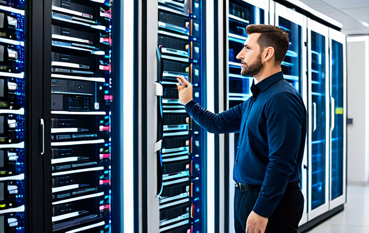A focused male data engineer, mid-30s, wearing a modest business casual shirt and trousers, standing confidently in a bright, modern data center. He is looking at a large, transparent holographic display showing complex, interconnected data pipelines and automated workflows, symbolizing efficiency and problem-solving. The background features rows of sleek, humming server racks in soft, diffused light, conveying innovation and control over vast data. fully clothed, appropriate attire, professional dress, safe for work, appropriate content, perfect anatomy, correct proportions, natural pose, well-formed hands, proper finger count, natural body proportions, professional photography, high quality.
