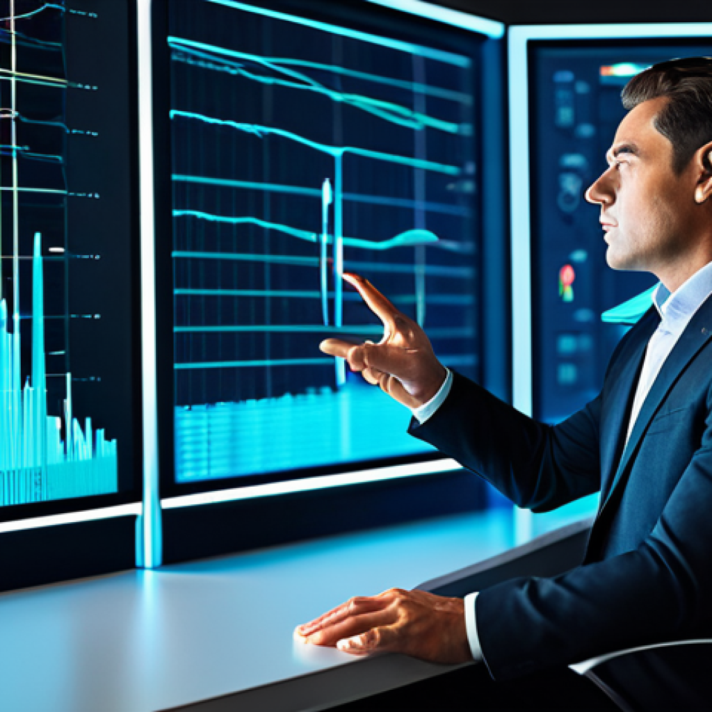 A focused professional data analyst in a modest business suit, seated at a sleek modern workstation, surrounded by abstract, glowing data visualizations representing complex data flows and insightful patterns. The background subtly hints at a futuristic, clean data center with server racks. The analyst is engaged, with a natural pose, gesturing towards a holographic display. High-resolution professional photography, cinematic lighting, vibrant colors, perfect anatomy, correct proportions, natural body proportions, well-formed hands, proper finger count, fully clothed, appropriate attire, safe for work, professional, family-friendly content.