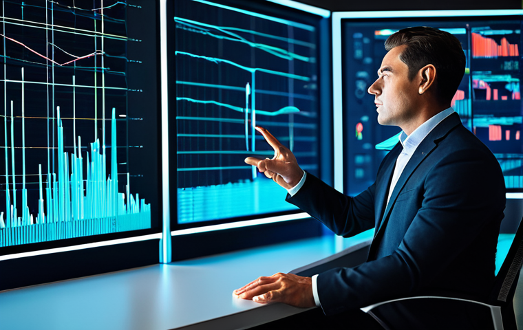 A focused professional data analyst in a modest business suit, seated at a sleek modern workstation, surrounded by abstract, glowing data visualizations representing complex data flows and insightful patterns. The background subtly hints at a futuristic, clean data center with server racks. The analyst is engaged, with a natural pose, gesturing towards a holographic display. High-resolution professional photography, cinematic lighting, vibrant colors, perfect anatomy, correct proportions, natural body proportions, well-formed hands, proper finger count, fully clothed, appropriate attire, safe for work, professional, family-friendly content.