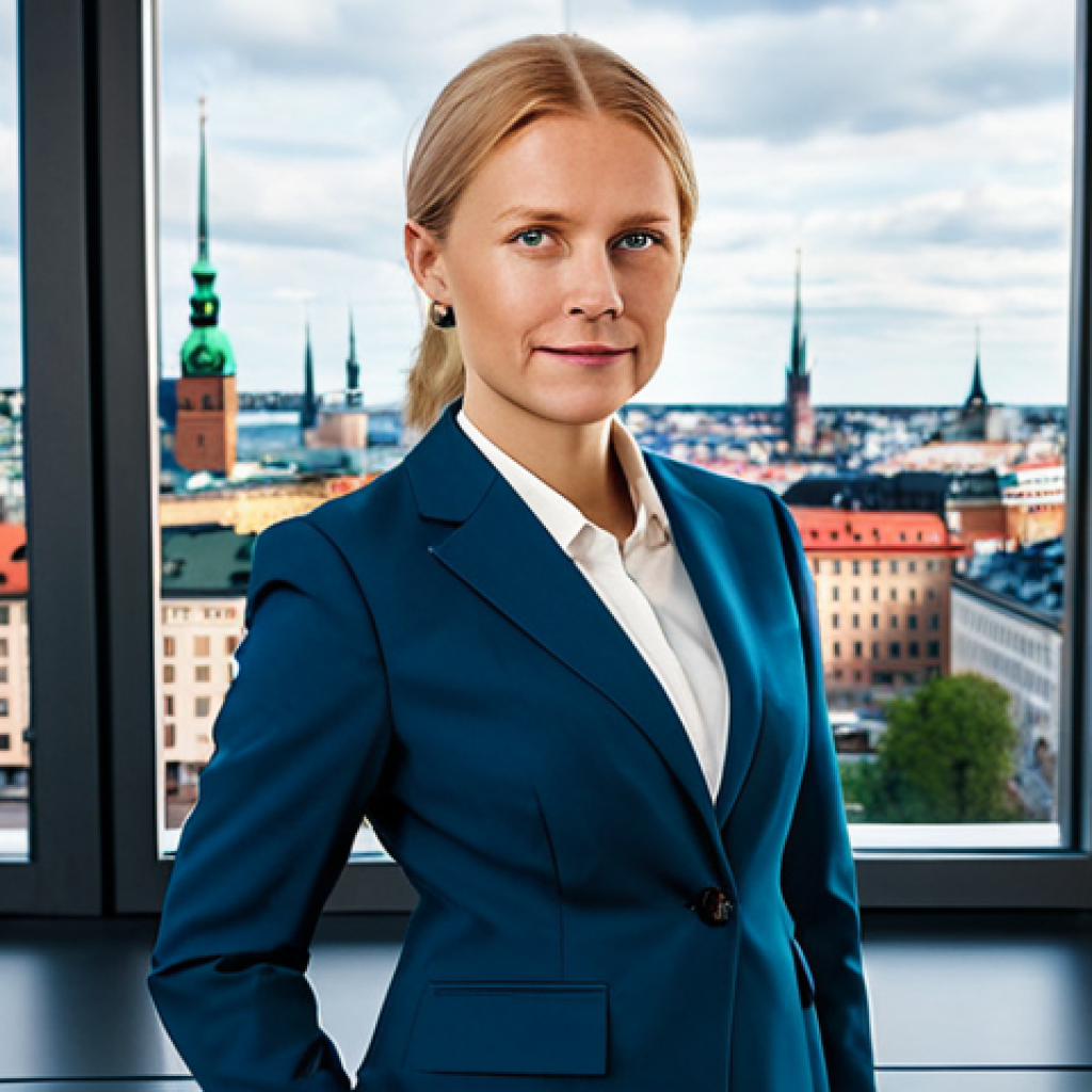 **

"A professional businesswoman in a modest, stylish Scandinavian-designed business suit, standing in a bright and modern Stockholm office overlooking the city, fully clothed, appropriate attire, safe for work, perfect anatomy, natural proportions, professional photography, high quality, family-friendly."

**