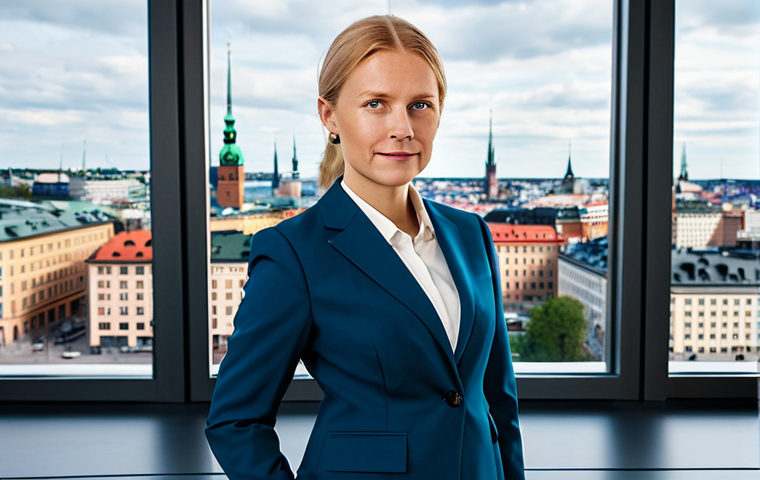 **

"A professional businesswoman in a modest, stylish Scandinavian-designed business suit, standing in a bright and modern Stockholm office overlooking the city, fully clothed, appropriate attire, safe for work, perfect anatomy, natural proportions, professional photography, high quality, family-friendly."

**