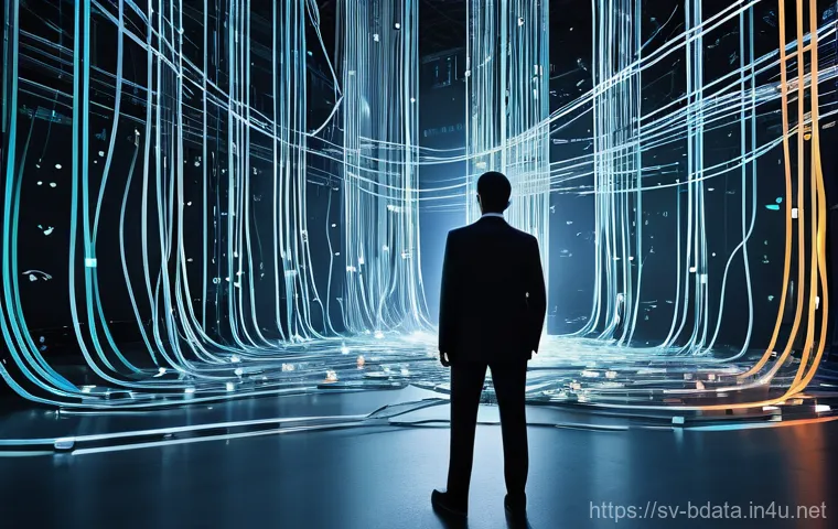 빅데이터 실무에서 데이터 연결성 관리 - **Prompt 1: "The Fragmented Data Labyrinth"**
    A person, appearing frustrated but determined, sta...