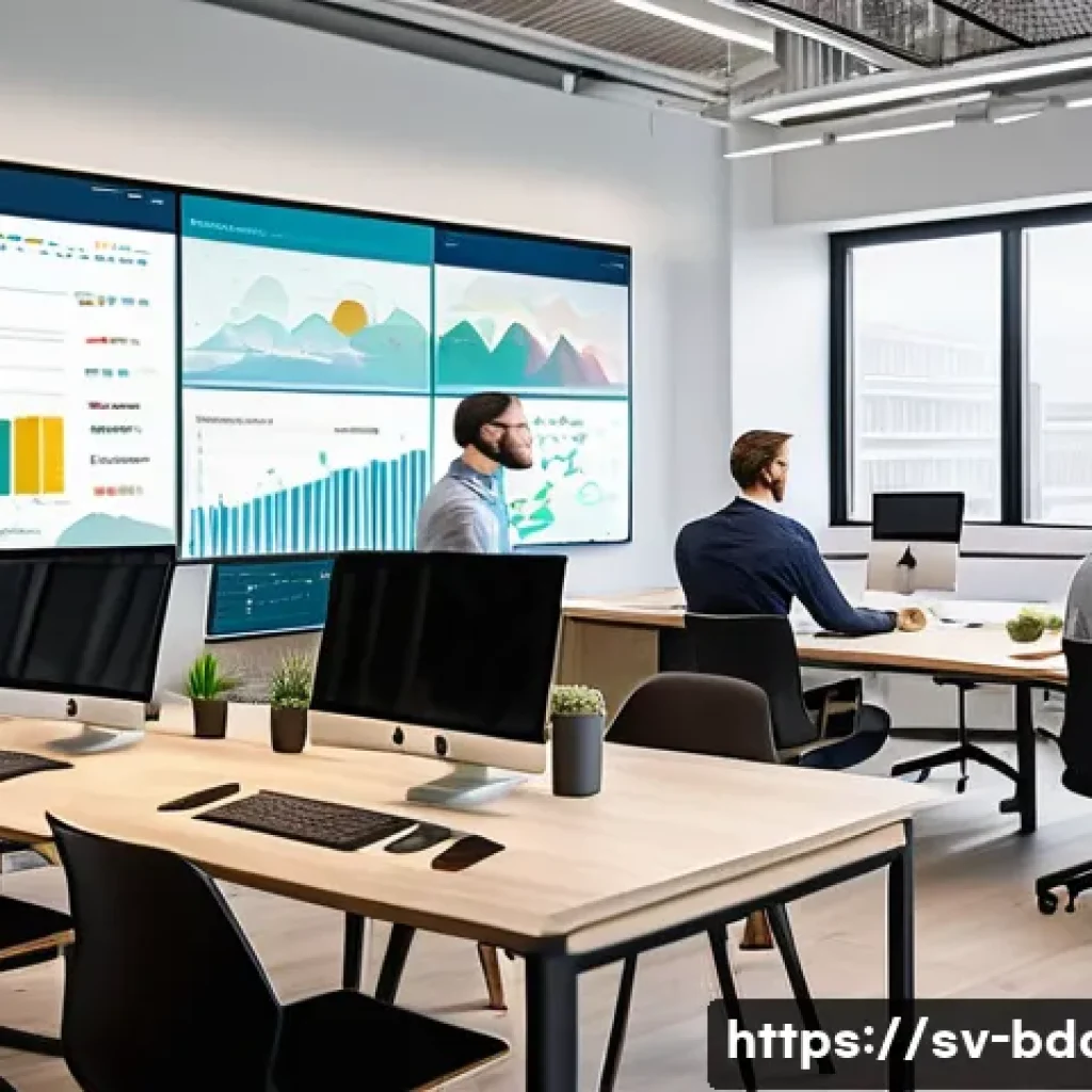 빅데이터 공부 중점 과목 가이드 - A modern Scandinavian office environment with diverse data scientists collaborating around multiple ...