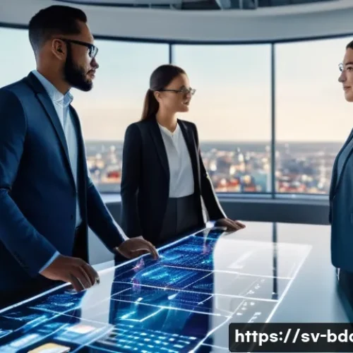 빅데이터 기술자의 지속 가능 경력 개발 - A modern office scene featuring a diverse group of professionals collaborating around a large touchs...