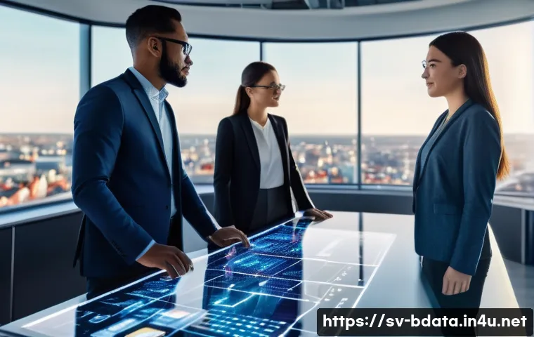 빅데이터 기술자의 지속 가능 경력 개발 - A modern office scene featuring a diverse group of professionals collaborating around a large touchs...