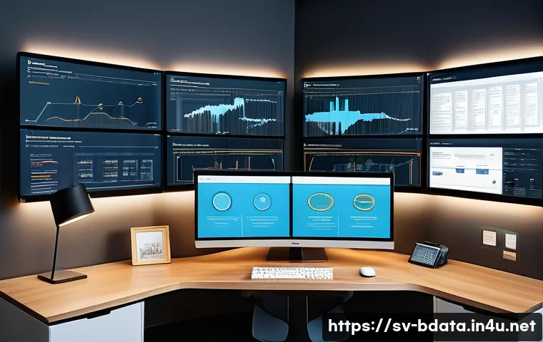 빅데이터 기술자를 위한 코딩 테스트 준비 - A detailed, futuristic data engineering workspace featuring multiple large monitors displaying Hadoo...