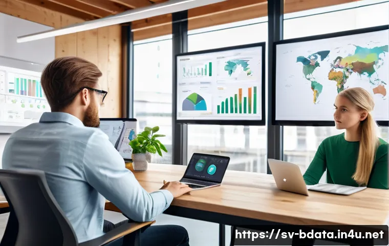 빅데이터 기술자와 데이터 처리 - A modern Scandinavian office environment with diverse data scientists collaborating around large int...