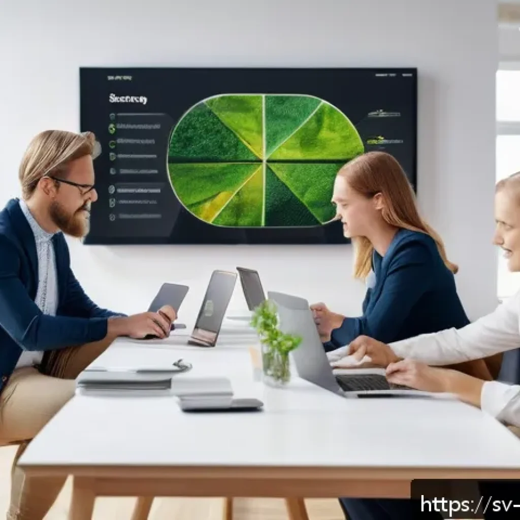 빅데이터 기술자와 기업 내 데이터 전략 - A modern Scandinavian office environment with diverse professionals collaborating around a large dig...