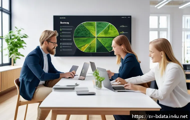 빅데이터 기술자와 기업 내 데이터 전략 - A modern Scandinavian office environment with diverse professionals collaborating around a large dig...