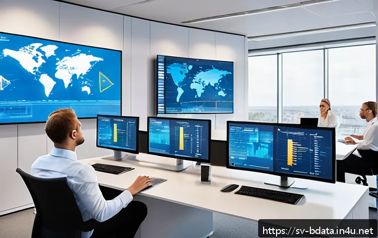 빅데이터 기술자의 산업별 기술 트렌드 - A modern Swedish corporate office setting with diverse professionals analyzing real-time big data vi...
