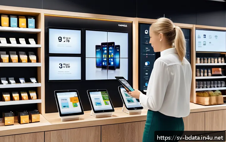 빅데이터 기술자와 산업별 기술 적용 사례 - A modern Scandinavian retail store interior showing real-time inventory management on digital screen...