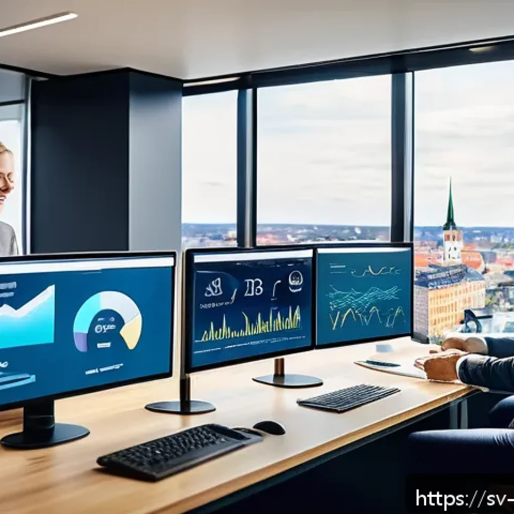 빅데이터와 비즈니스 목표 정렬 사례 - A modern Swedish office environment with diverse professionals collaborating around a large touchscr...