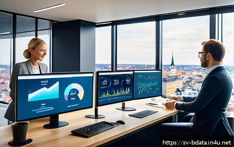 빅데이터와 비즈니스 목표 정렬 사례 - A modern Swedish office environment with diverse professionals collaborating around a large touchscr...