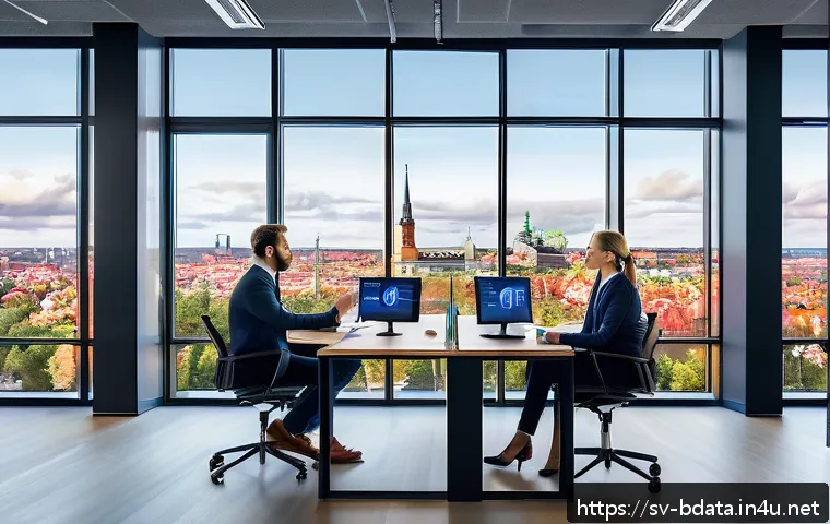 빅데이터 기술자의 성과 발표 사례 - A modern Scandinavian office environment with a diverse team of professionals analyzing big data on ...