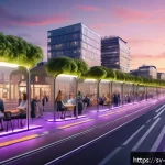 Home 23 빅데이터 기술자의 도전적인 프로젝트 사례 - A vibrant, futuristic Scandinavian smart cityscape at dusk, featuring eco-friendly buildings with gr...
