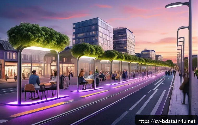 빅데이터 기술자의 도전적인 프로젝트 사례 - A vibrant, futuristic Scandinavian smart cityscape at dusk, featuring eco-friendly buildings with gr...